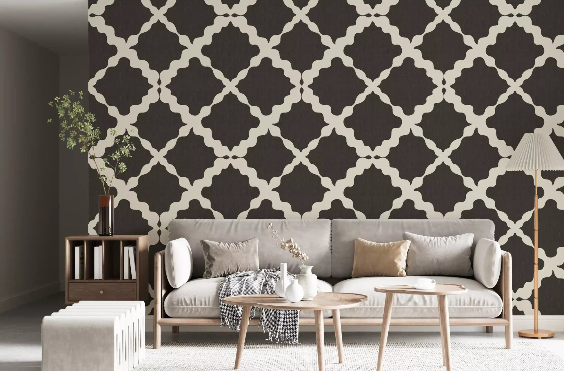 Cream and dark brown trellis wallpaper with visible linen texture in living room.