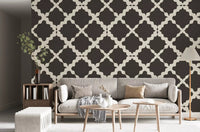 Cream and dark brown trellis wallpaper with visible linen texture in living room.