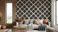 ark charcoal brown trellis lattice geometric wallpaper with cream interlocking curves.