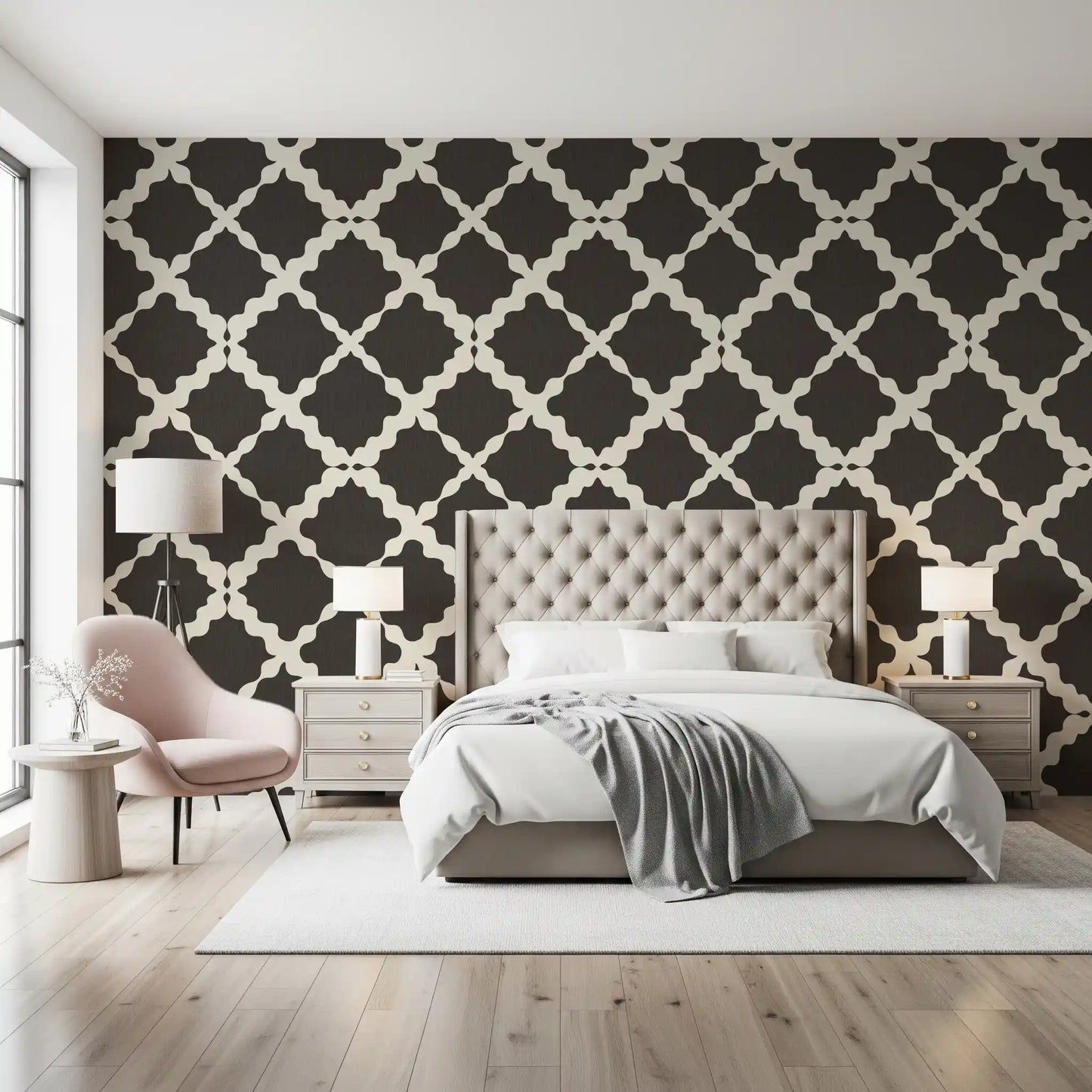 Large-scale ogee trellis wallpaper in deep brown and cream on a fabric-look textured background. 