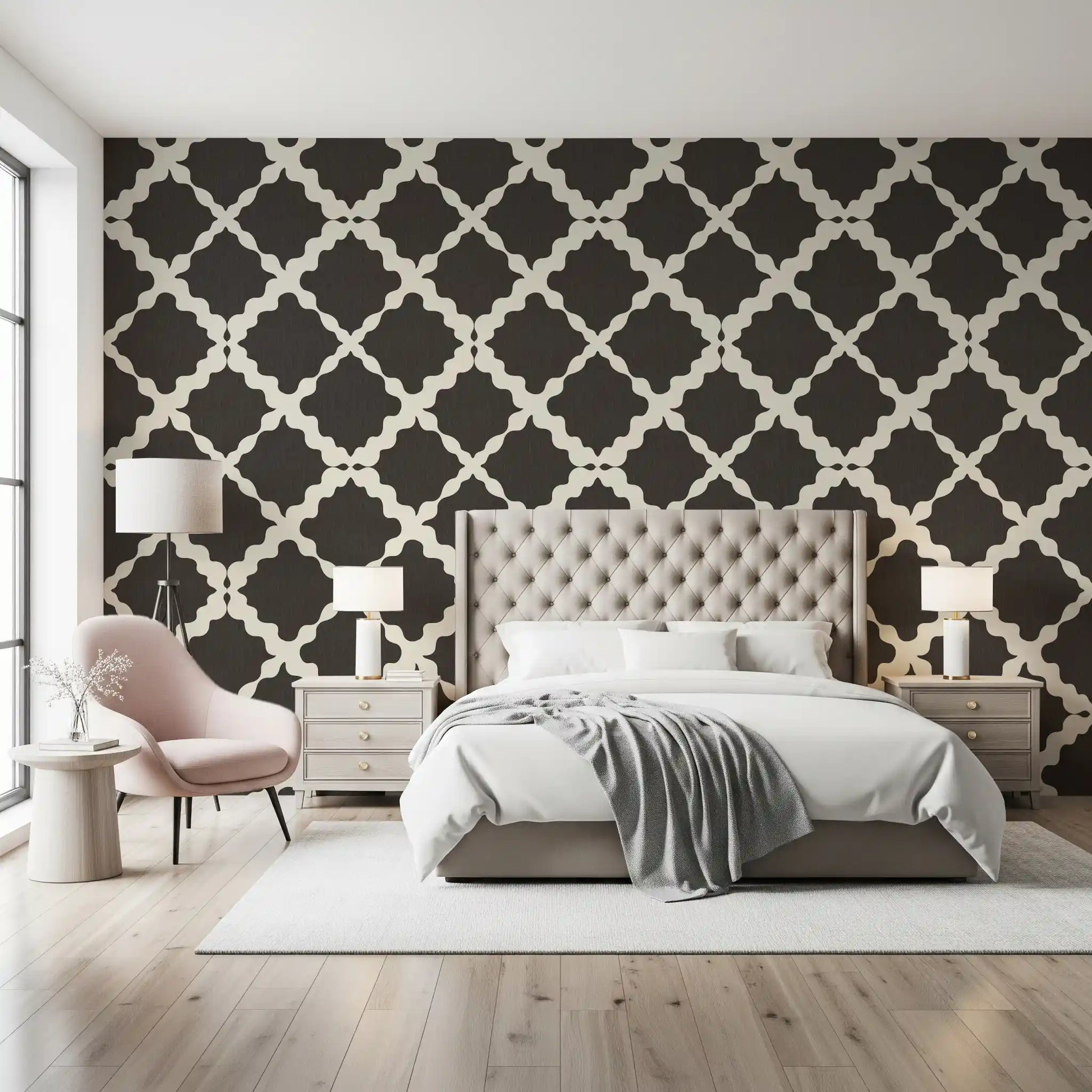 Large-scale ogee trellis wallpaper in deep brown and cream on a fabric-look textured background. 