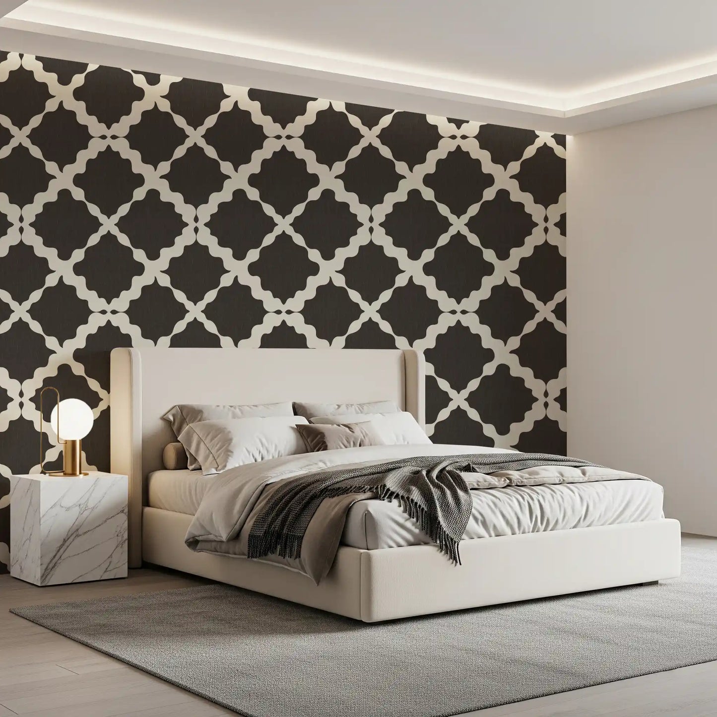 Repeating lattice geometric wallpaper in dark charcoal with off-white curved motifs on linen-texture surface. 
