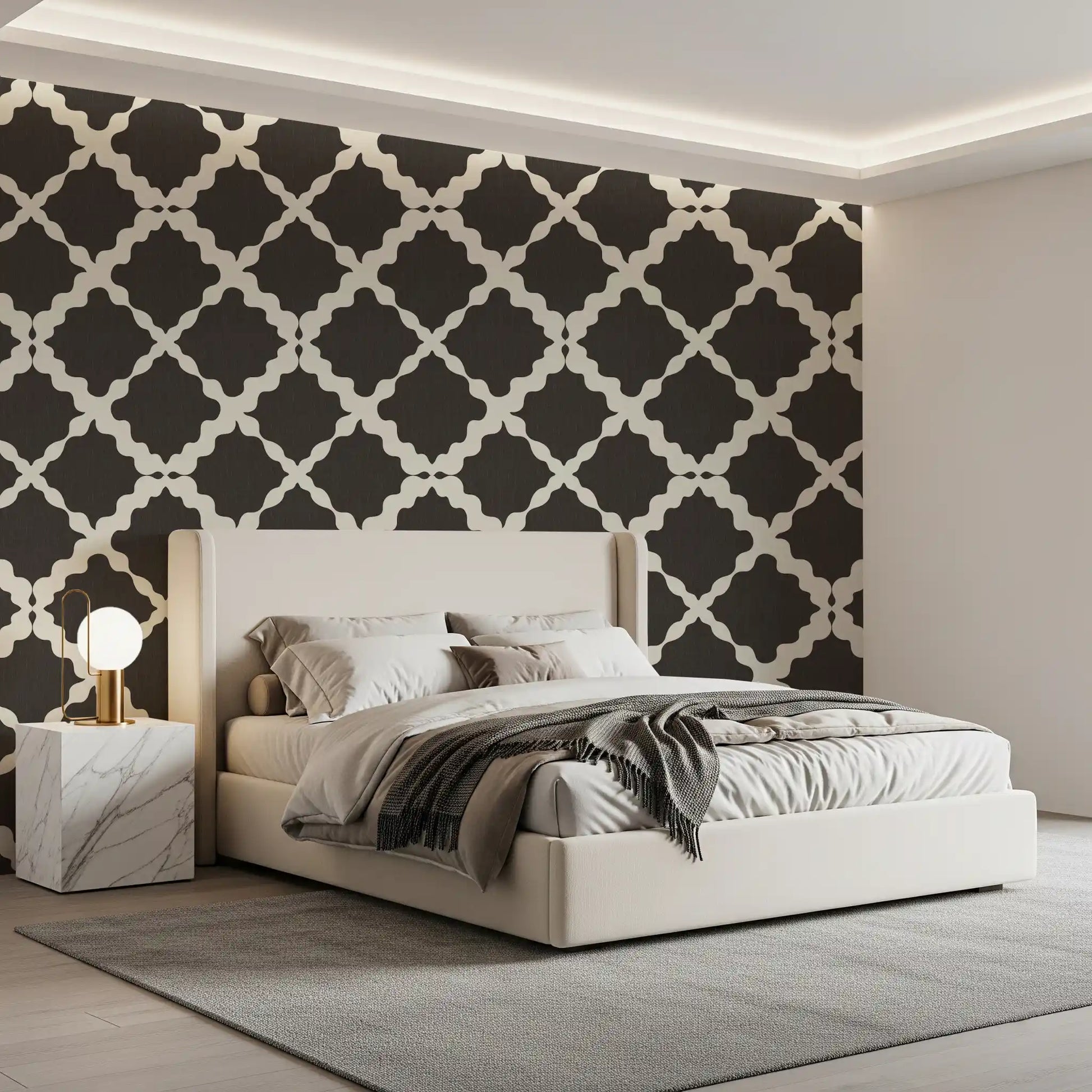 Repeating lattice geometric wallpaper in dark charcoal with off-white curved motifs on linen-texture surface. 