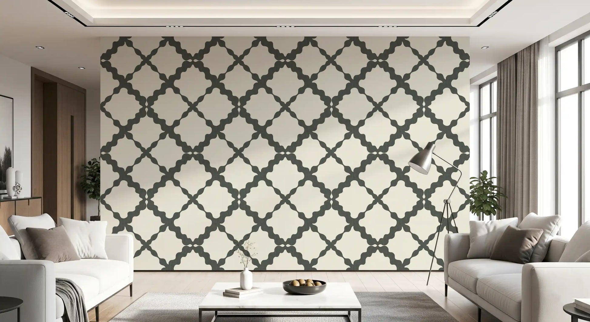 Curved Moroccan lattice motifs in grey and off-white geometric wallpaper.