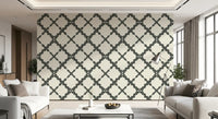 Curved Moroccan lattice motifs in grey and off-white geometric wallpaper.