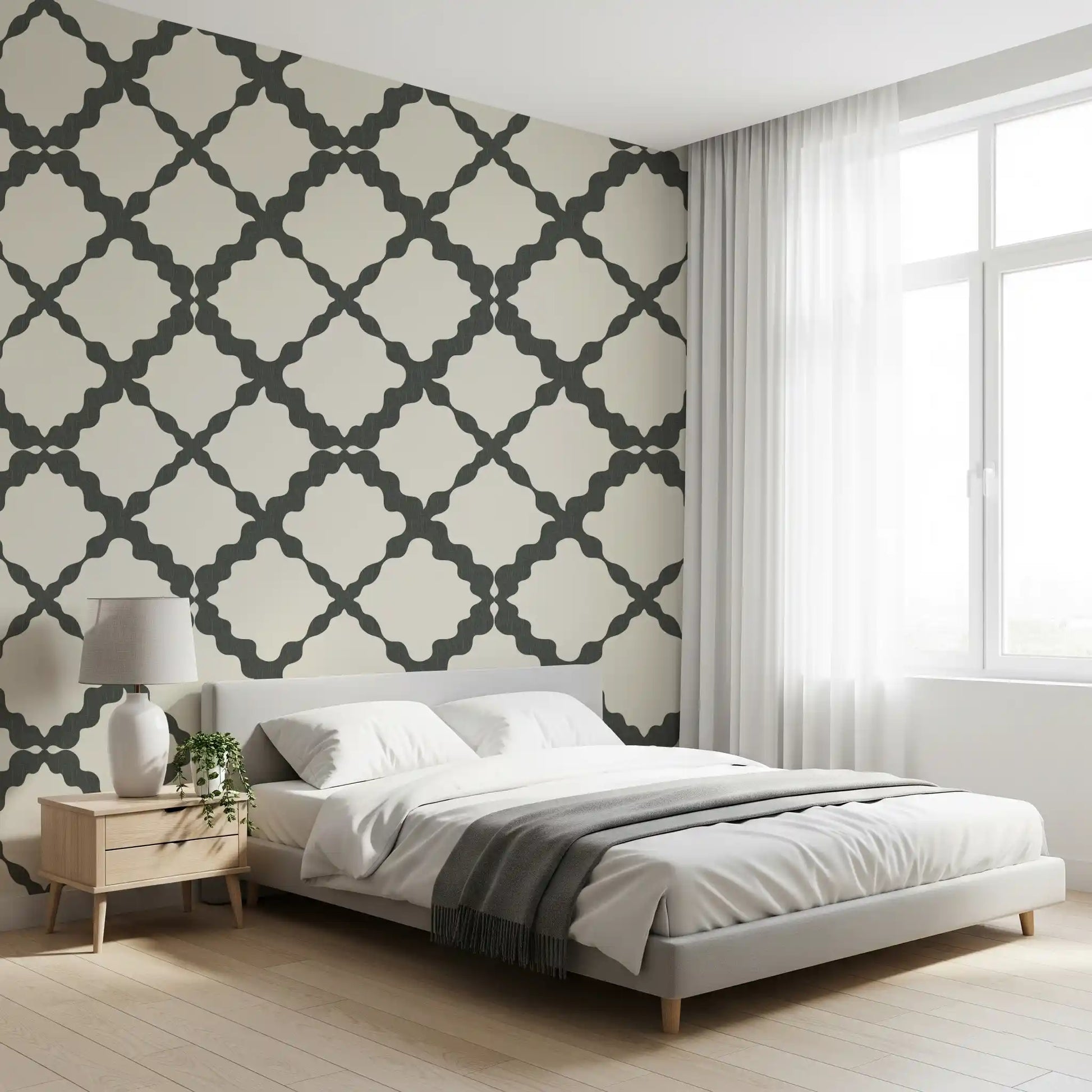 Two-tone geometric lattice trellis wallpaper in grey and cream.