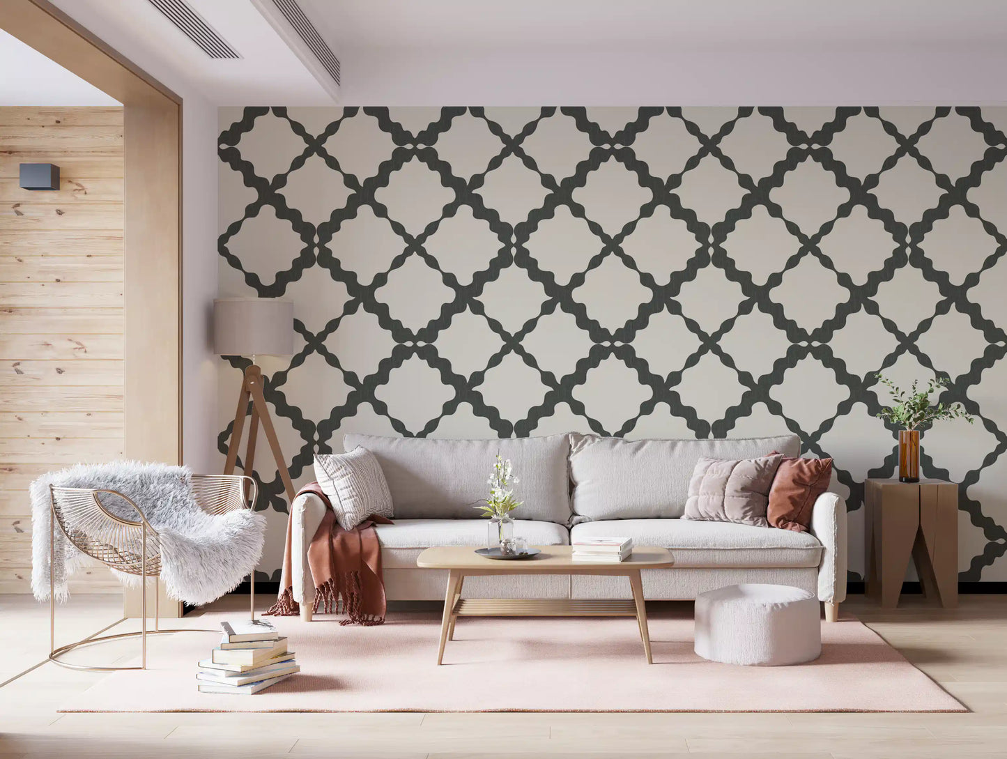 Hallway feature wall with grey and cream geometric trellis wallpaper.