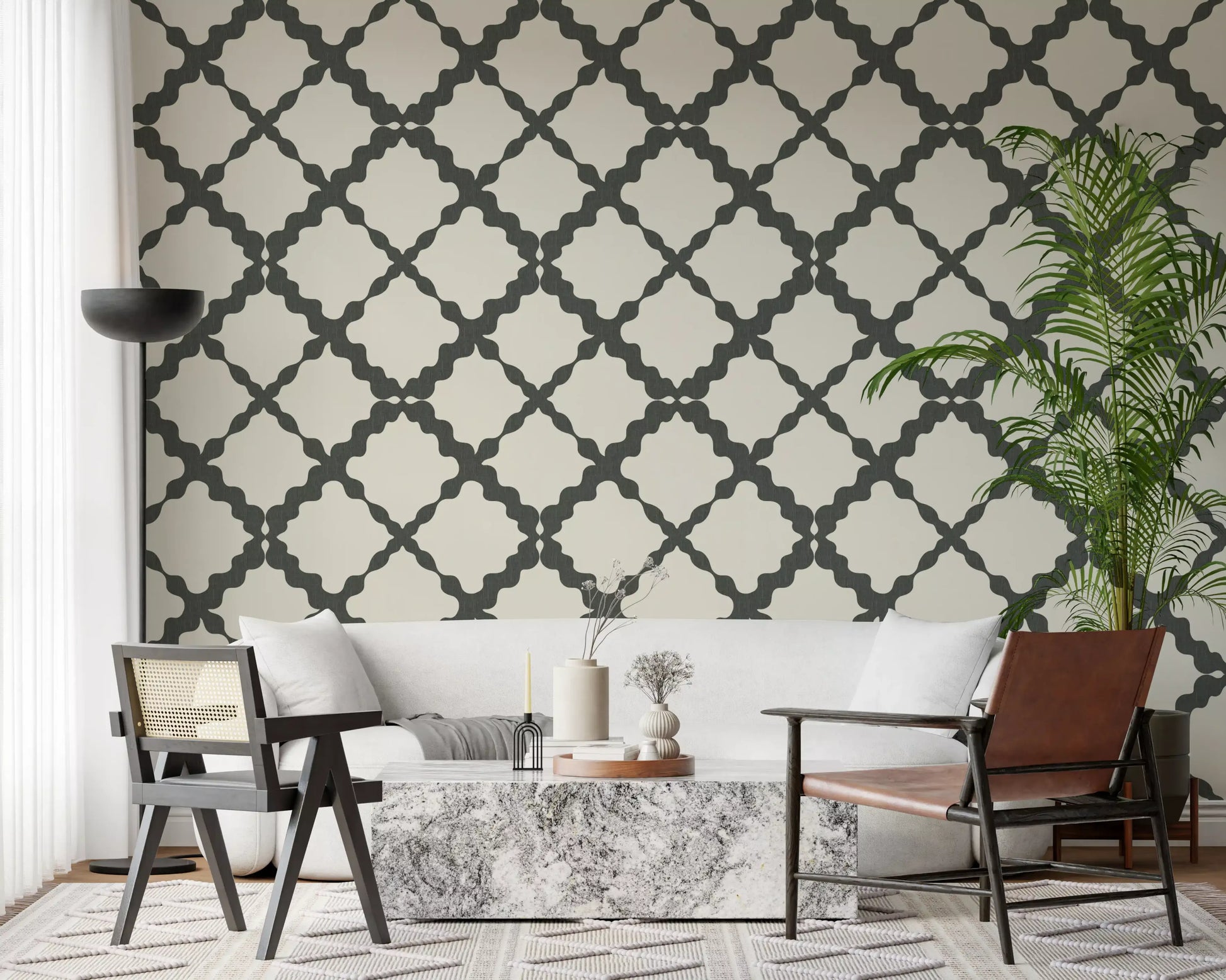 High-contrast geometric trellis lattice wallpaper in grey and cream tones.