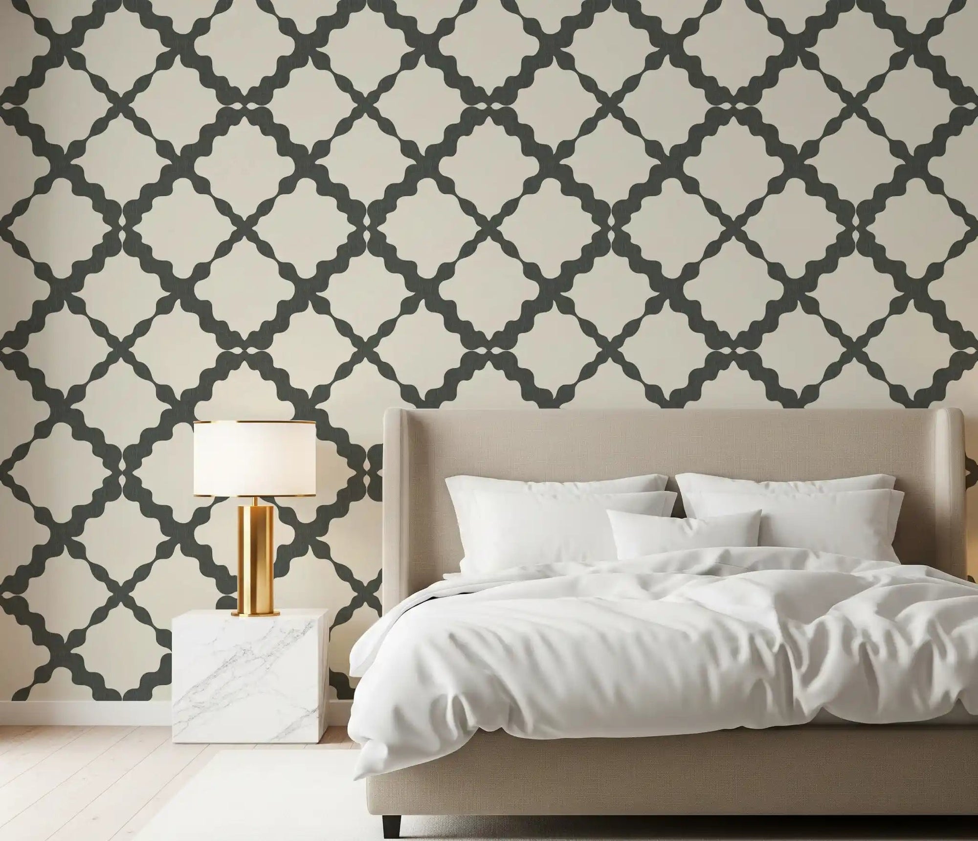 Grey cream Moroccan trellis lattice geometric wallpaper in master bedroom., GD9777