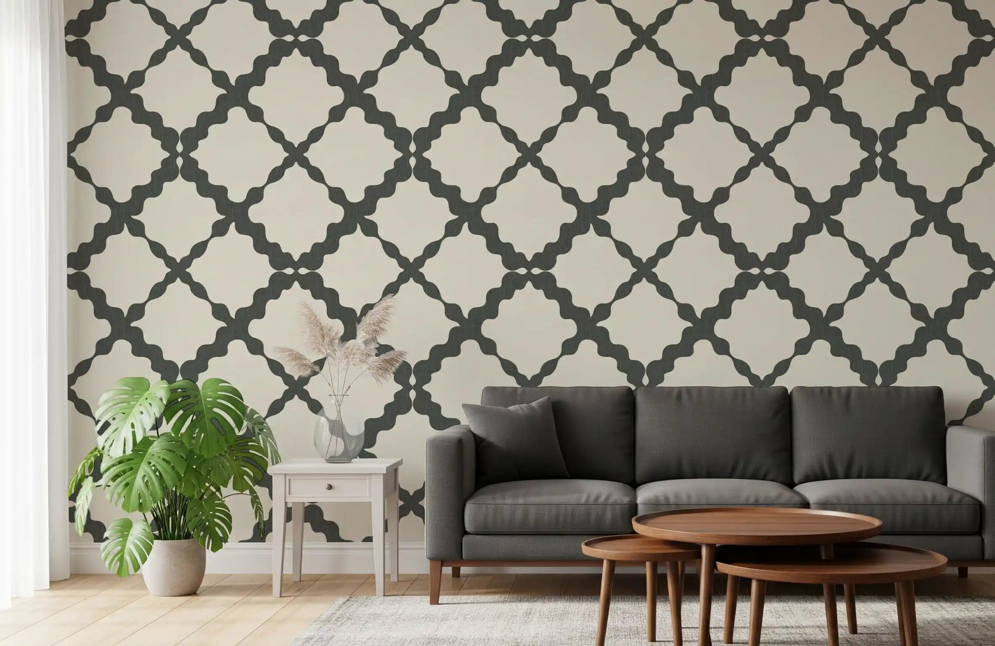 Repeating grey trellis motif on cream linen-texture geometric wallpaper.