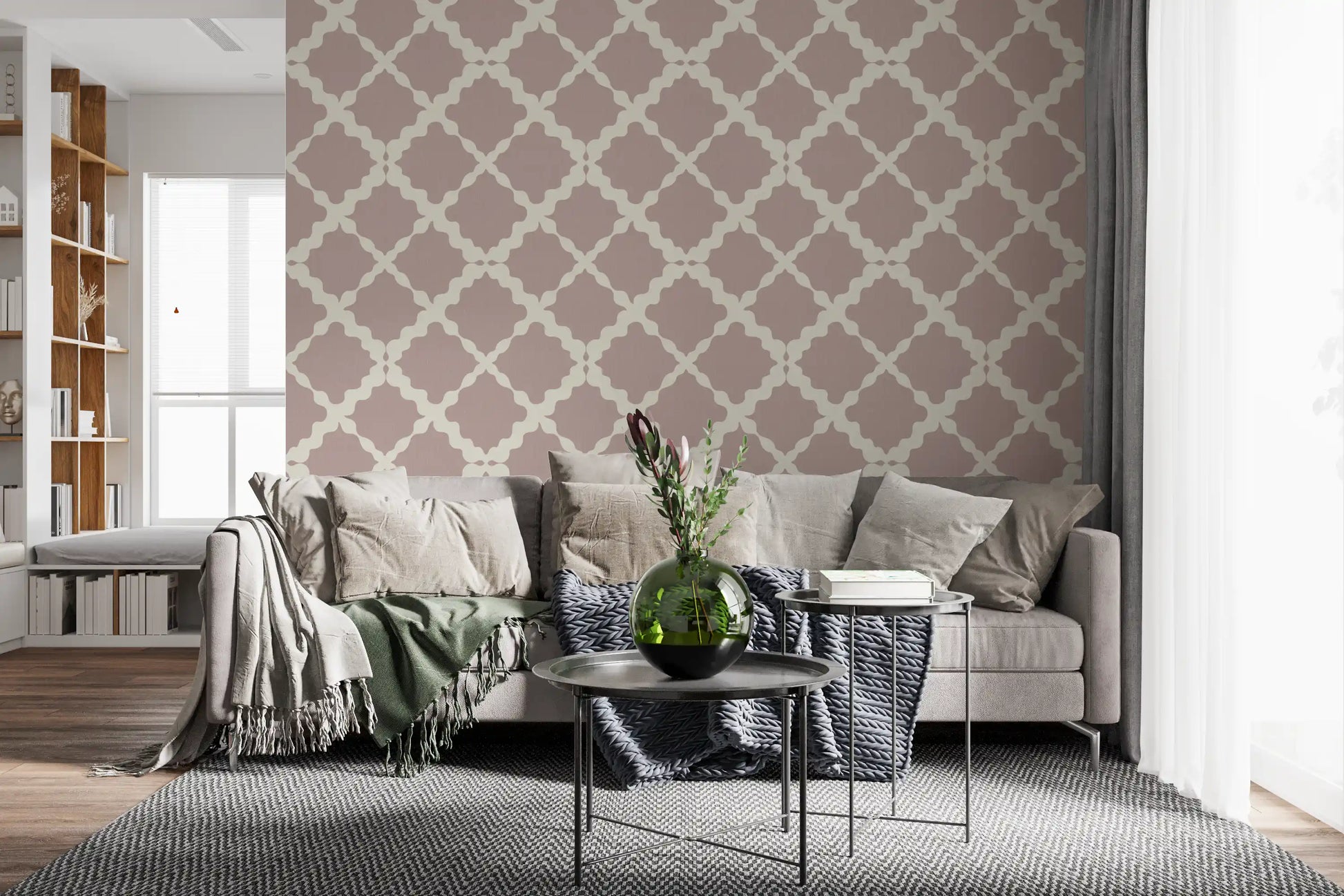 Cream and dusty rose geometric lattice wallpaper on a hallway backdrop.