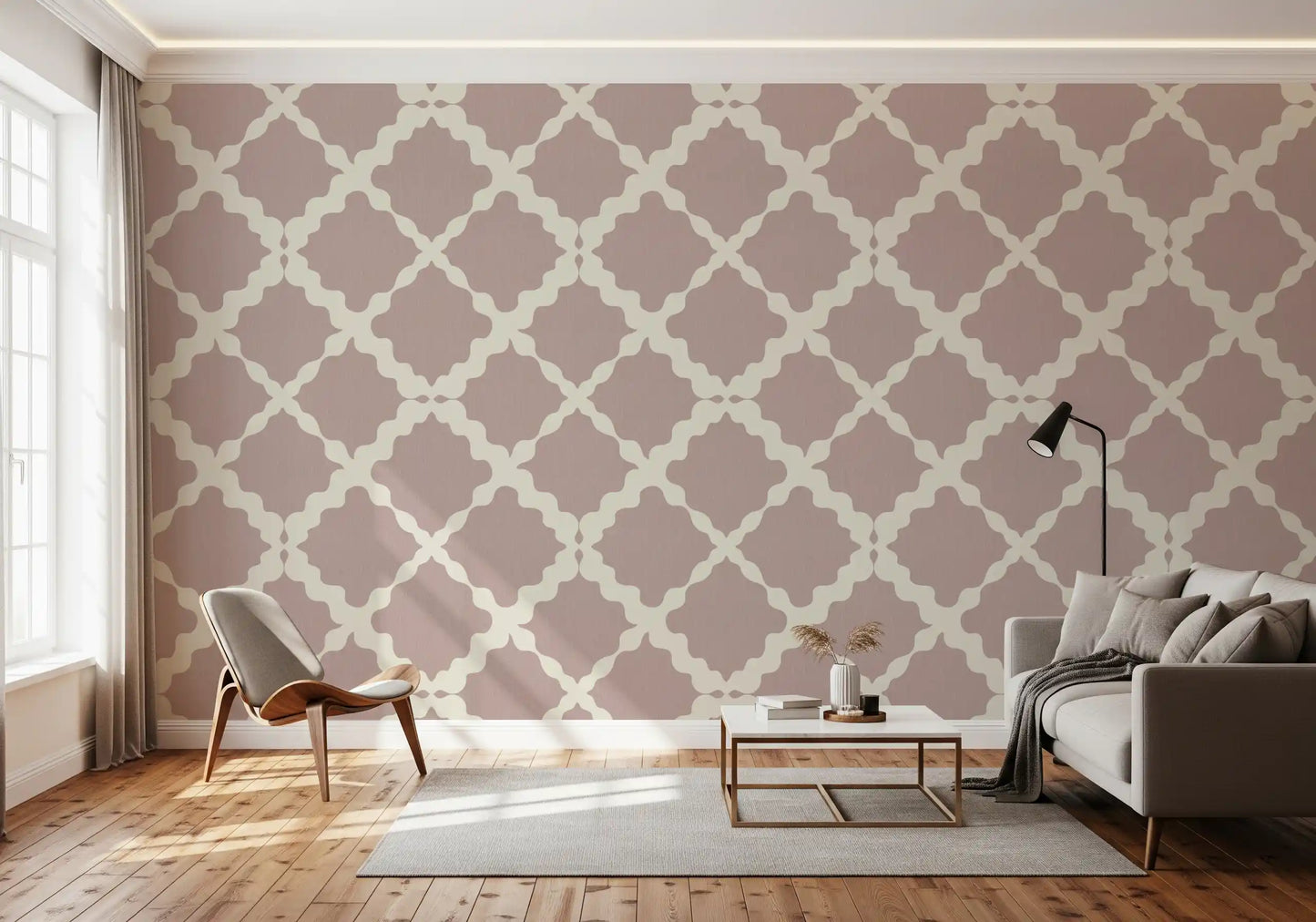 Bold trellis wallpaper in soft dusty rose and cream with interlocking flowing geometric curves.
