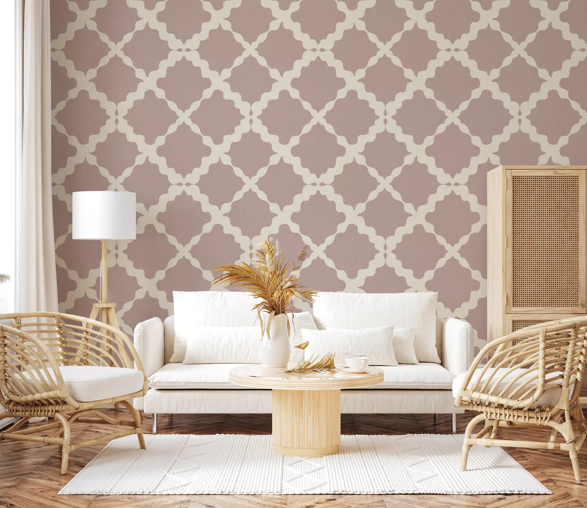Soft pink lattice trellis wallpaper with large flowing geometric shapes and cream outlines.