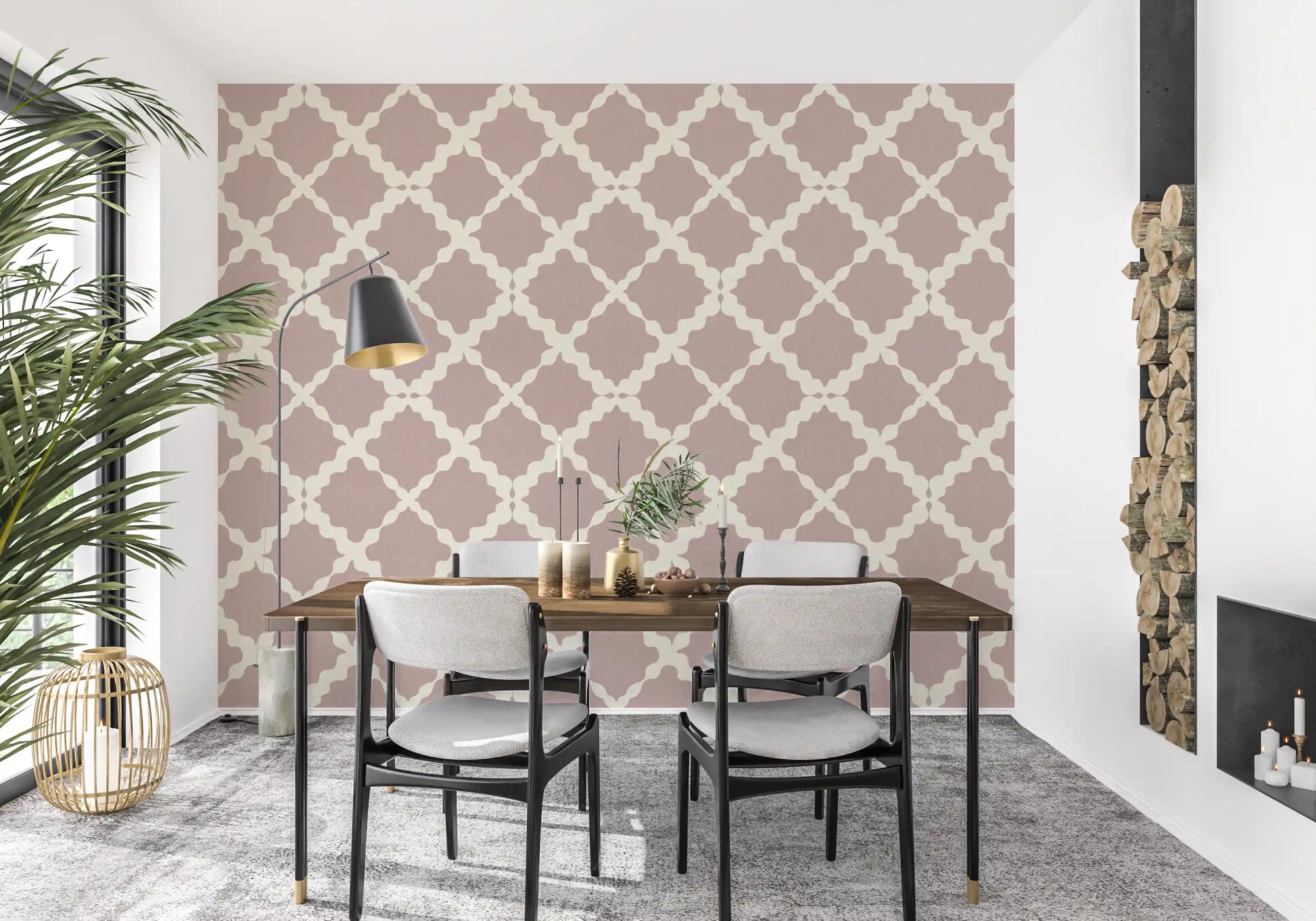 Dusty rose and off-white geometric lattice repeat wallpaper with curved trellis motifs.