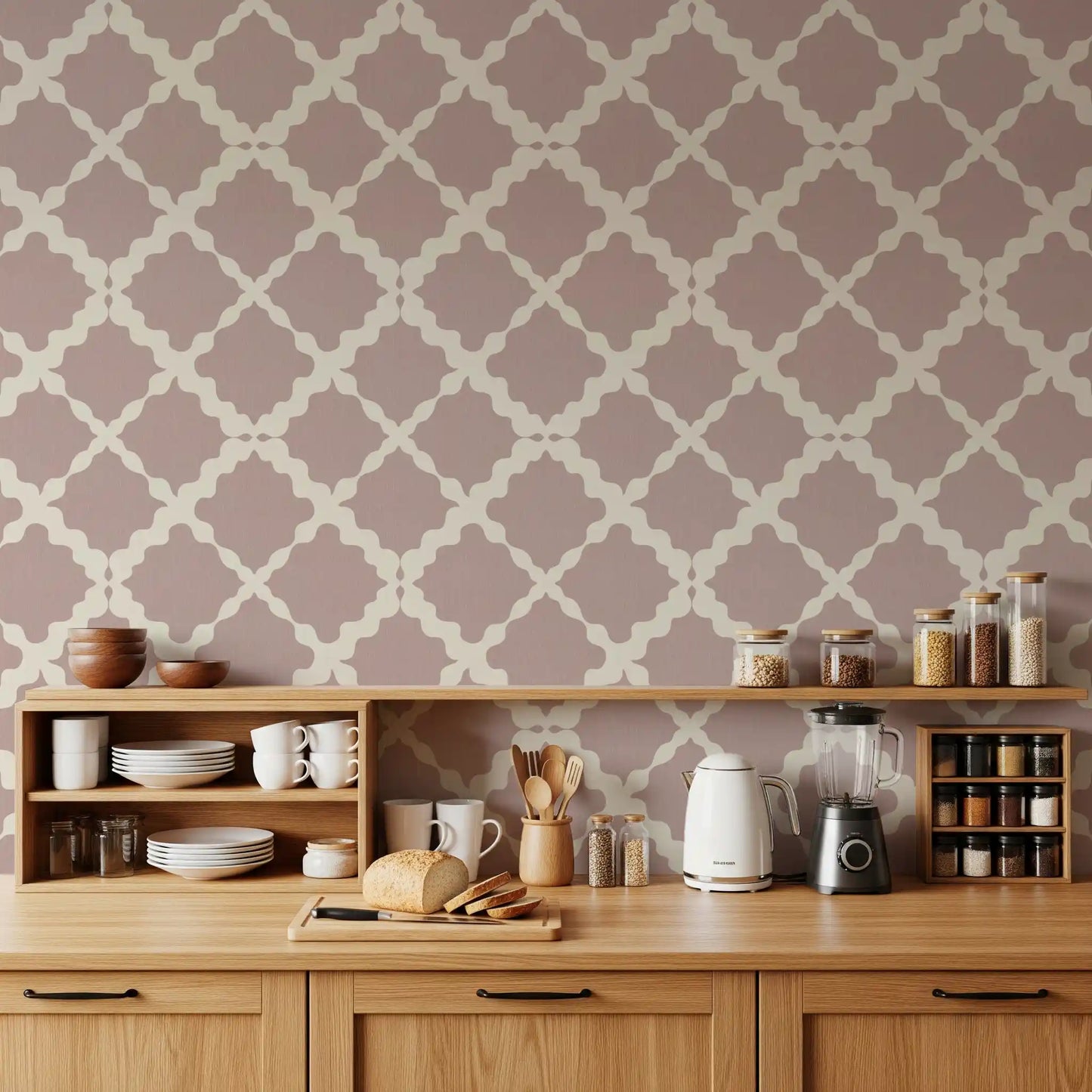 Dusty rose geometric trellis lattice wallpaper with cream-colored curved lines on a linen-textured surface.