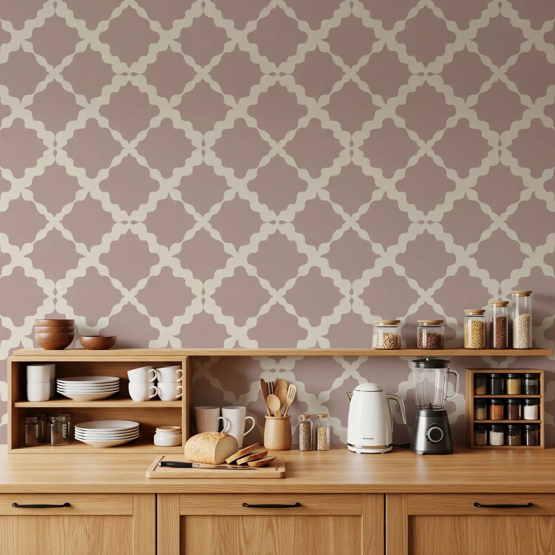Dusty rose geometric trellis lattice wallpaper with cream-colored curved lines on a linen-textured surface.