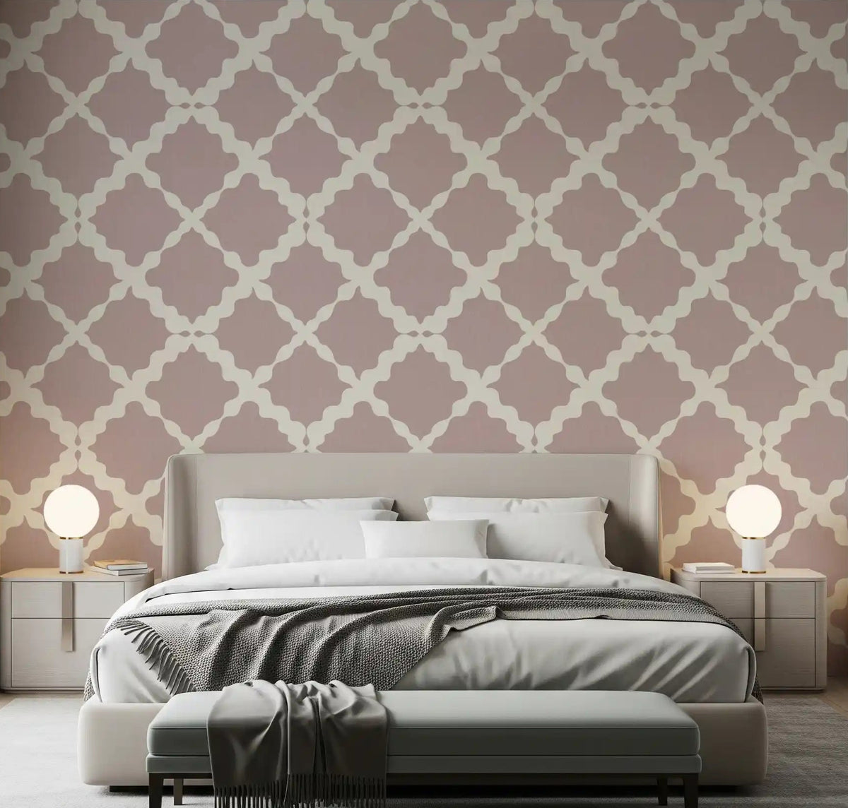 Dusty rose lattice trellis wallpaper on an accent wall in a bedroom setting., GD9778