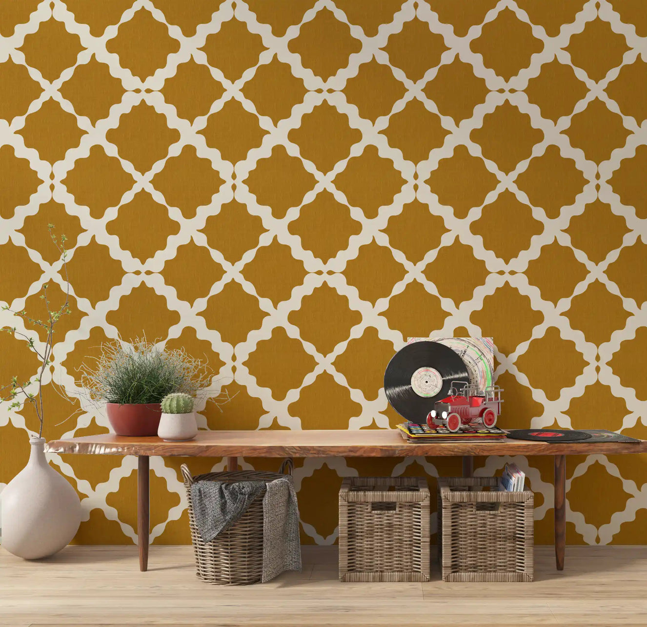 Cream ogee lattice repeat on mustard geometric wallpaper in hallway.