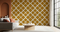 Warm mustard and cream lattice trellis wallpaper with Moroccan geometric motif. 
