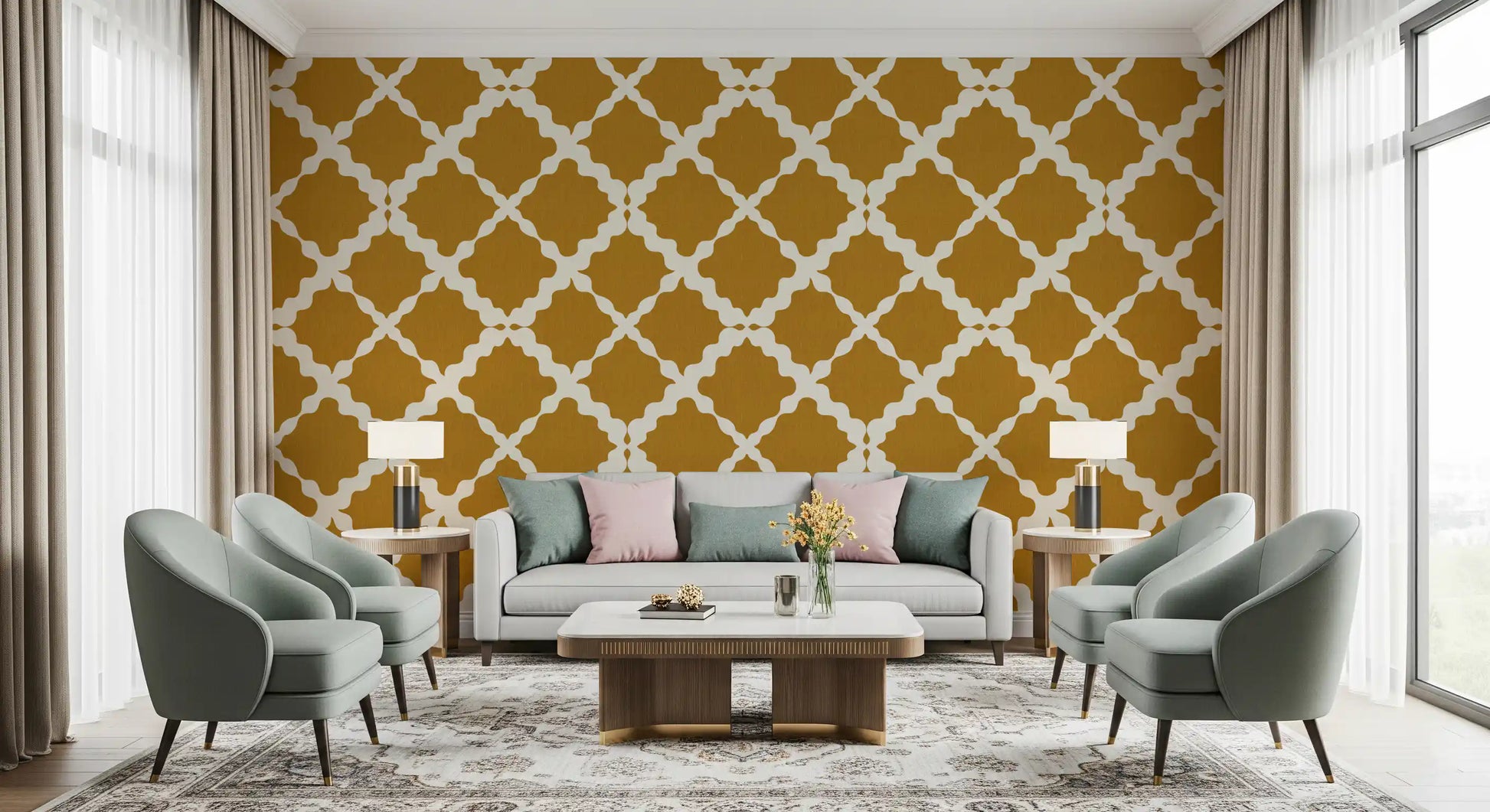 Mustard wallpaper with structured cream trellis grid and linen texture in living room.