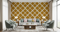 Mustard wallpaper with structured cream trellis grid and linen texture in living room.