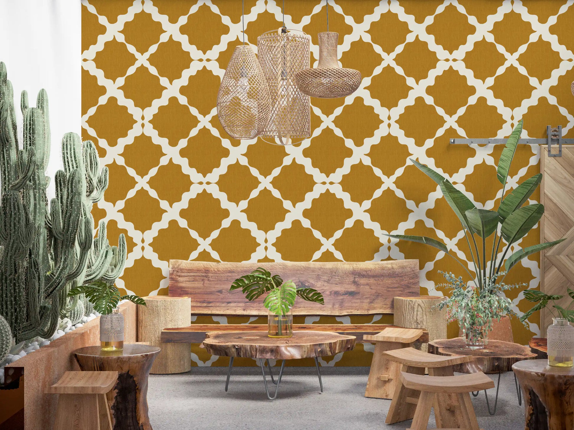Mustard and cream Moroccan-inspired geometric trellis repeat wallpaper.