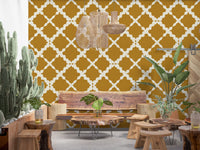 Mustard and cream Moroccan-inspired geometric trellis repeat wallpaper.