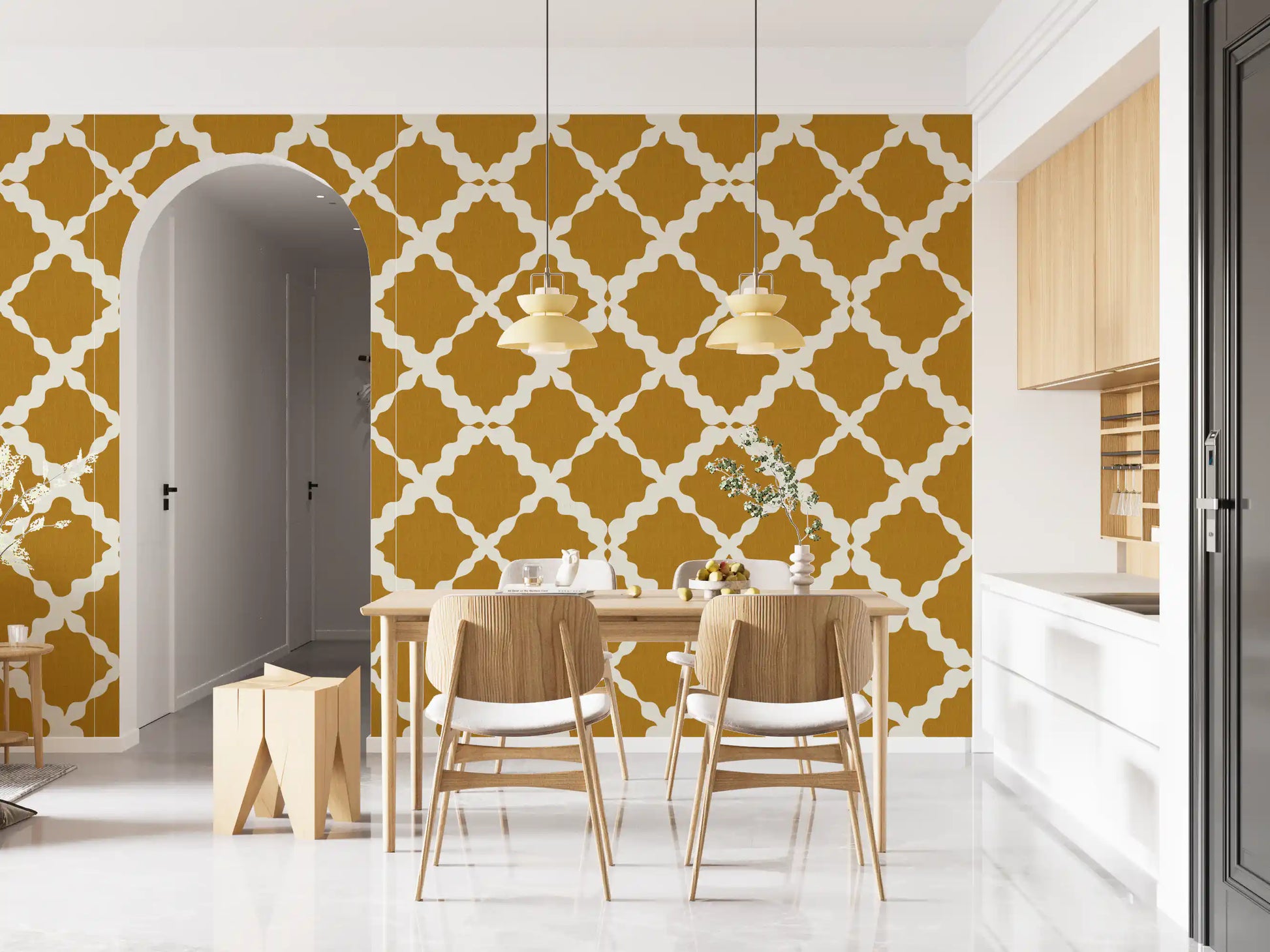 Large-scale cream lattice wallpaper on warm mustard textured background.