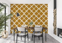 Oversized geometric trellis wallpaper in mustard with cream lattice design.