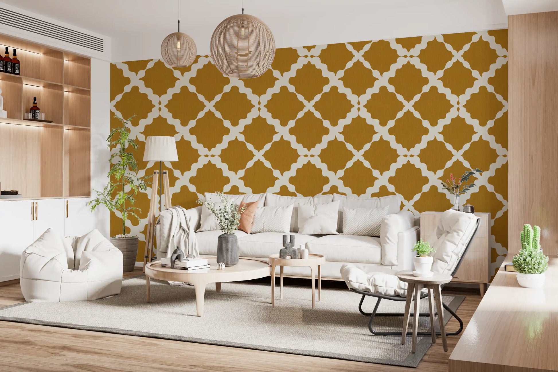 Living room accent wall with mustard geometric lattice trellis wallpaper.