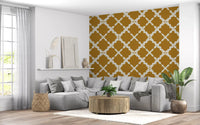 Bold cream trellis lattice pattern on mustard linen-texture wallpaper.