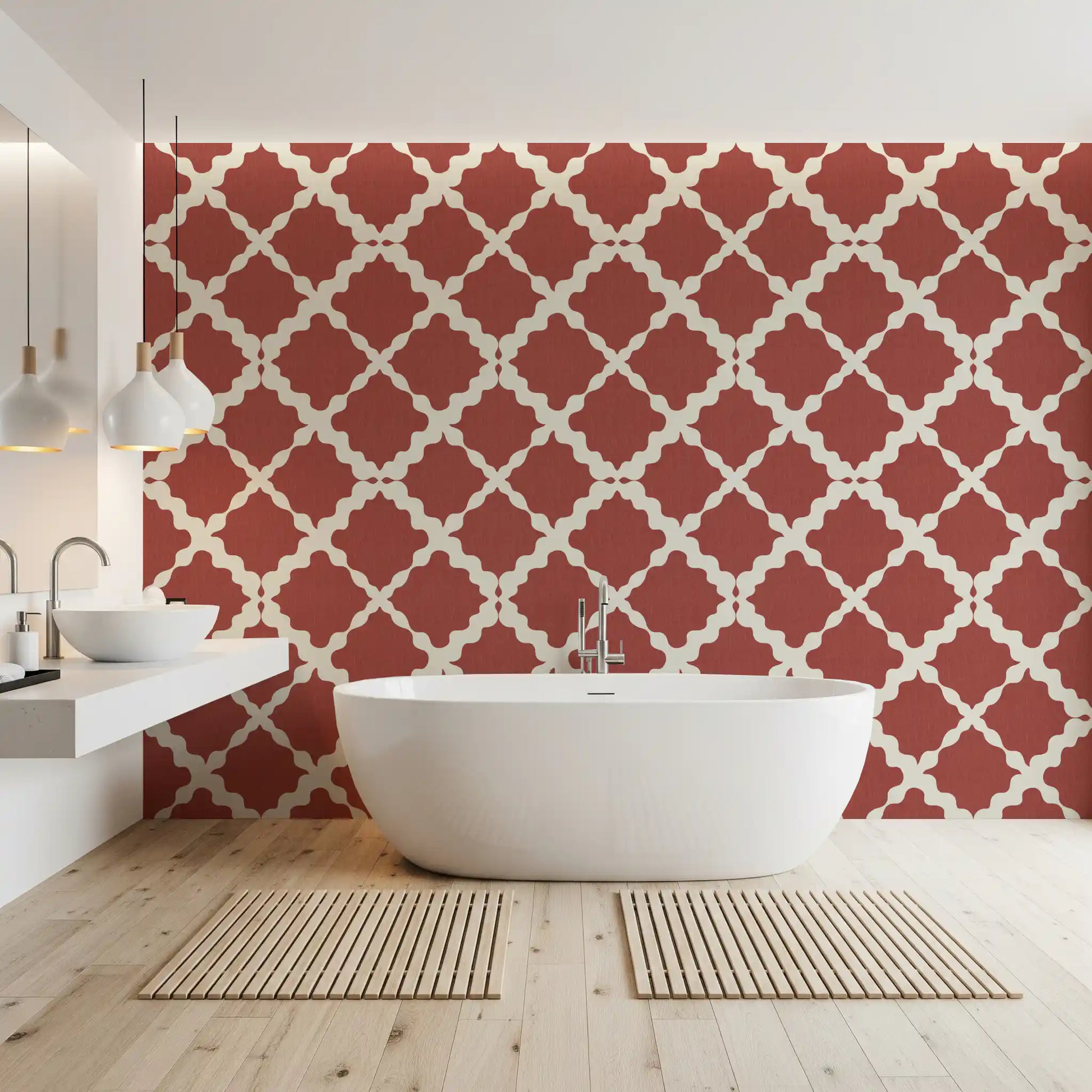 Rust red trellis pattern on cream linen-texture wallpaper in bathroom.
