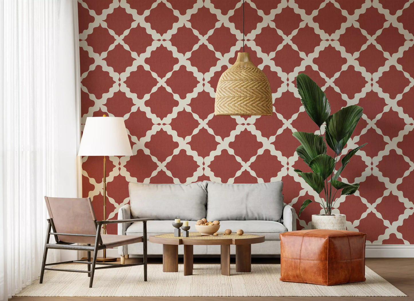 Rust red trellis wallpaper on a living area wall with large lattice pattern