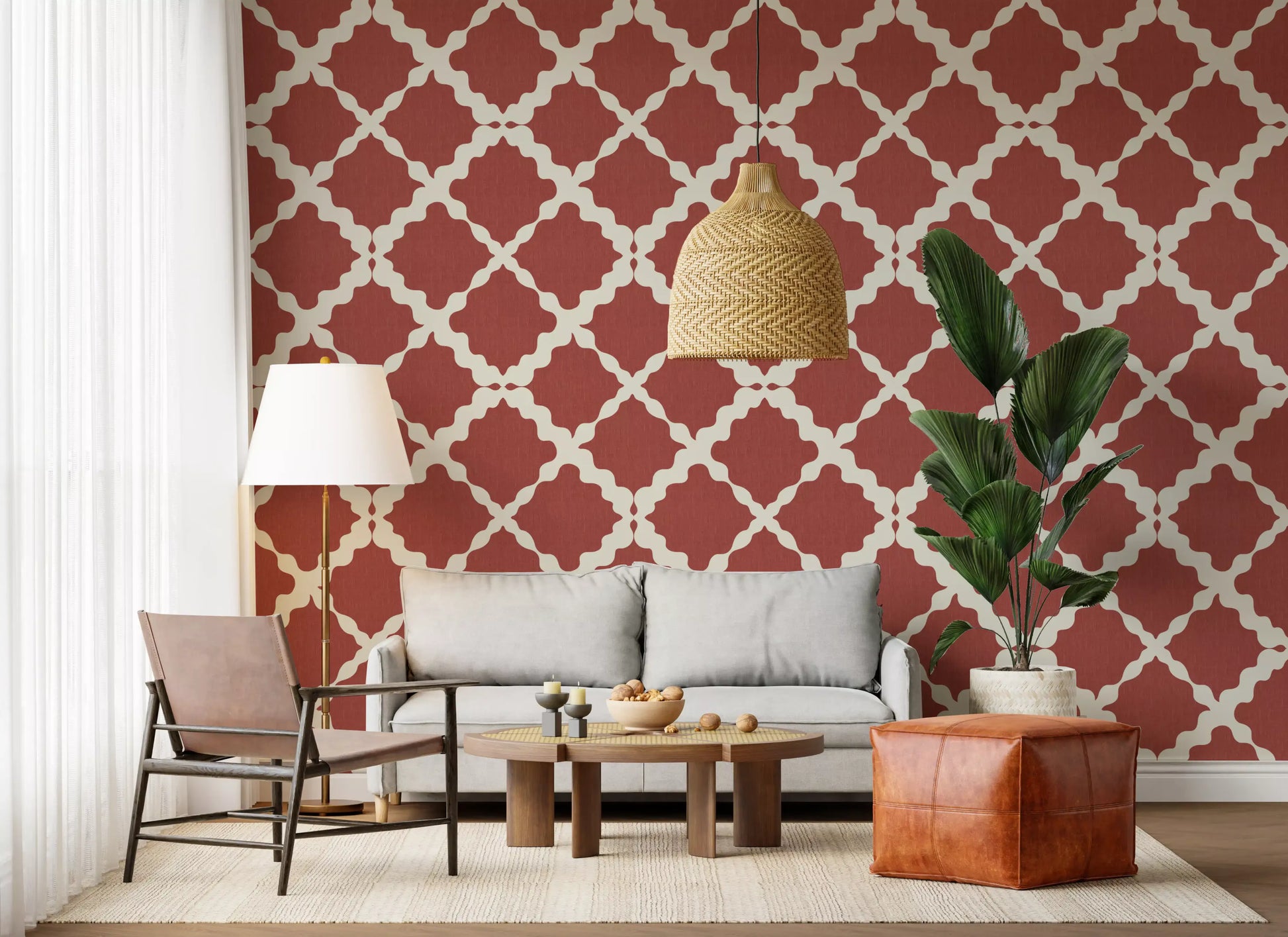Rust red trellis wallpaper on a living area wall with large lattice pattern