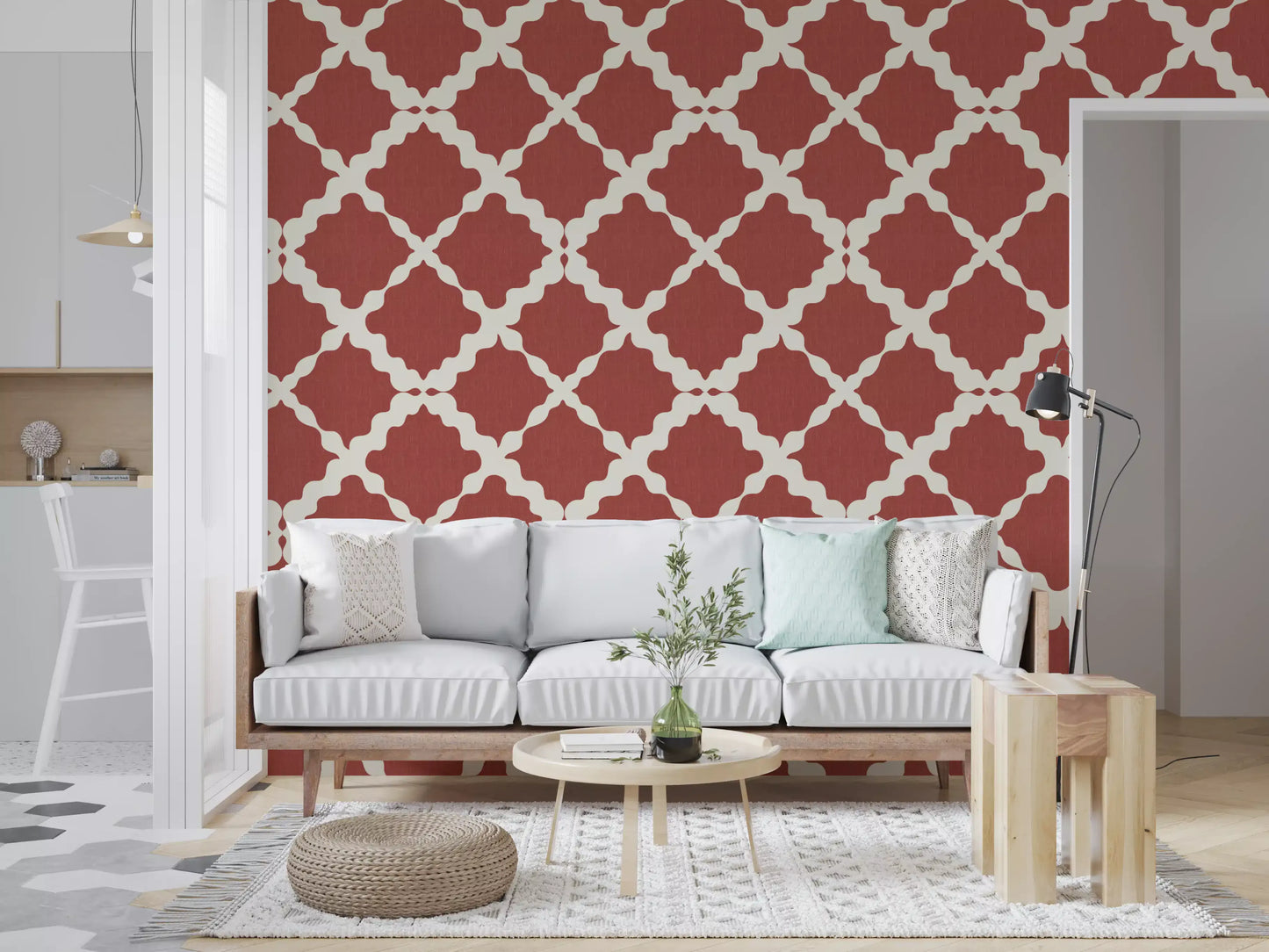 Geometric lattice wallpaper with linen-texture surface in rust red and cream tones.