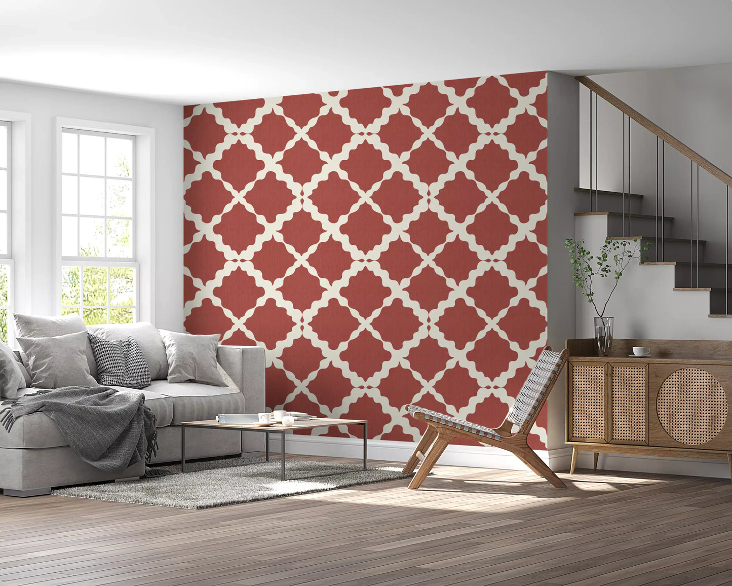 Bold rust lattice wallpaper in a hallway with cream interlocking motif. 