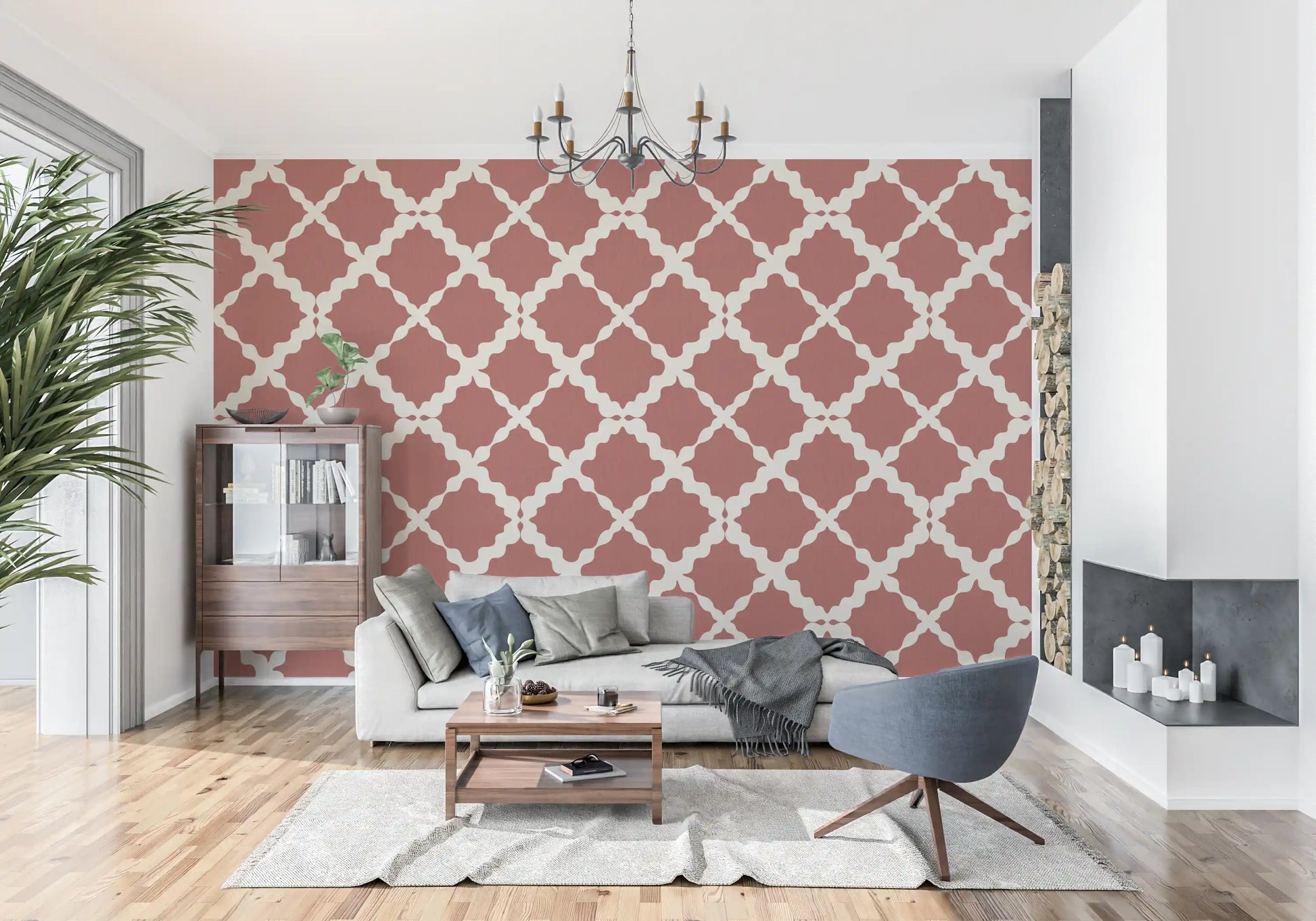 Rust red geometric trellis wallpaper with large-scale lattice pattern on cream