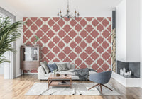 Rust red geometric trellis wallpaper with large-scale lattice pattern on cream