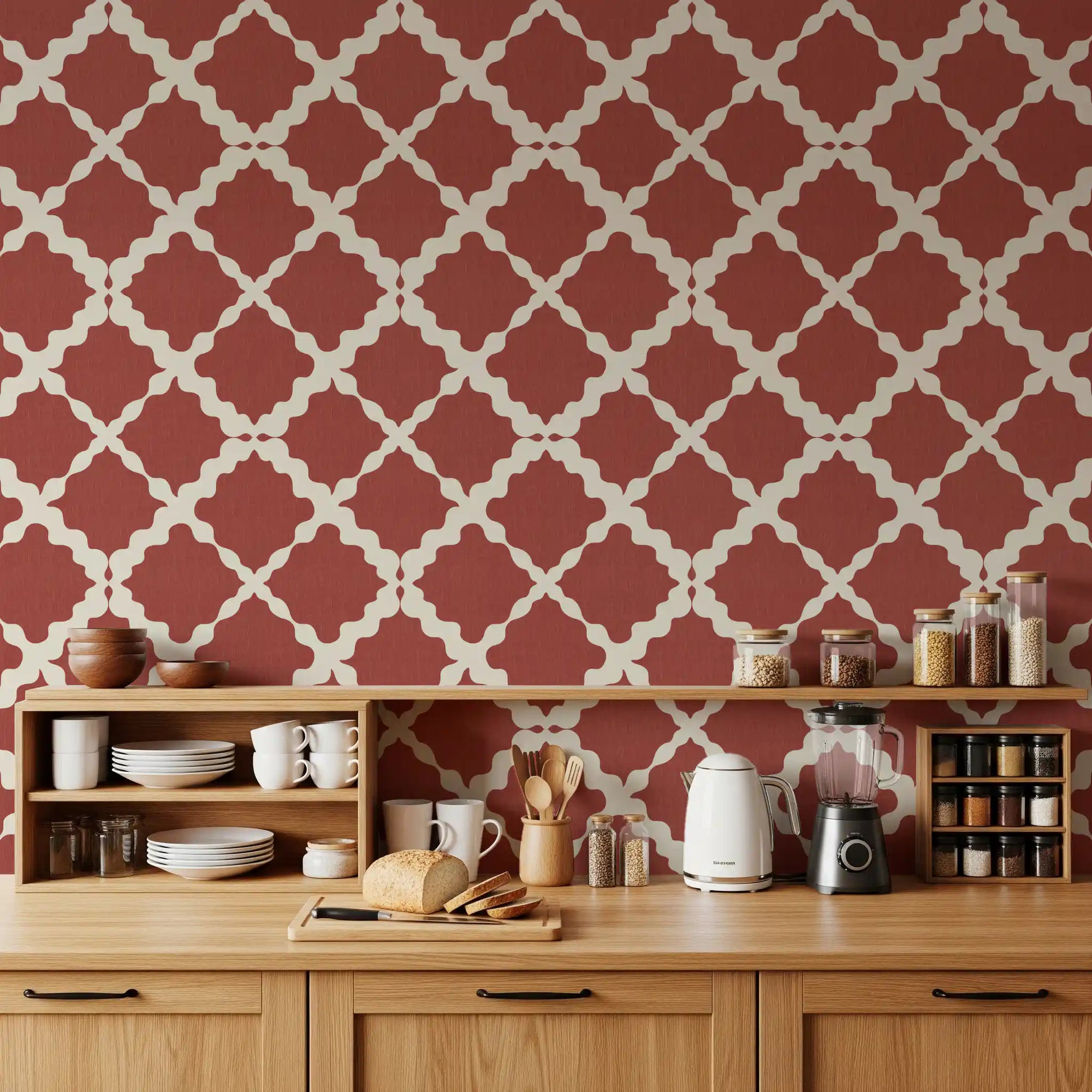 Rust red trellis wallpaper on an kitchen wall with cream geometric lattice design, GD9780