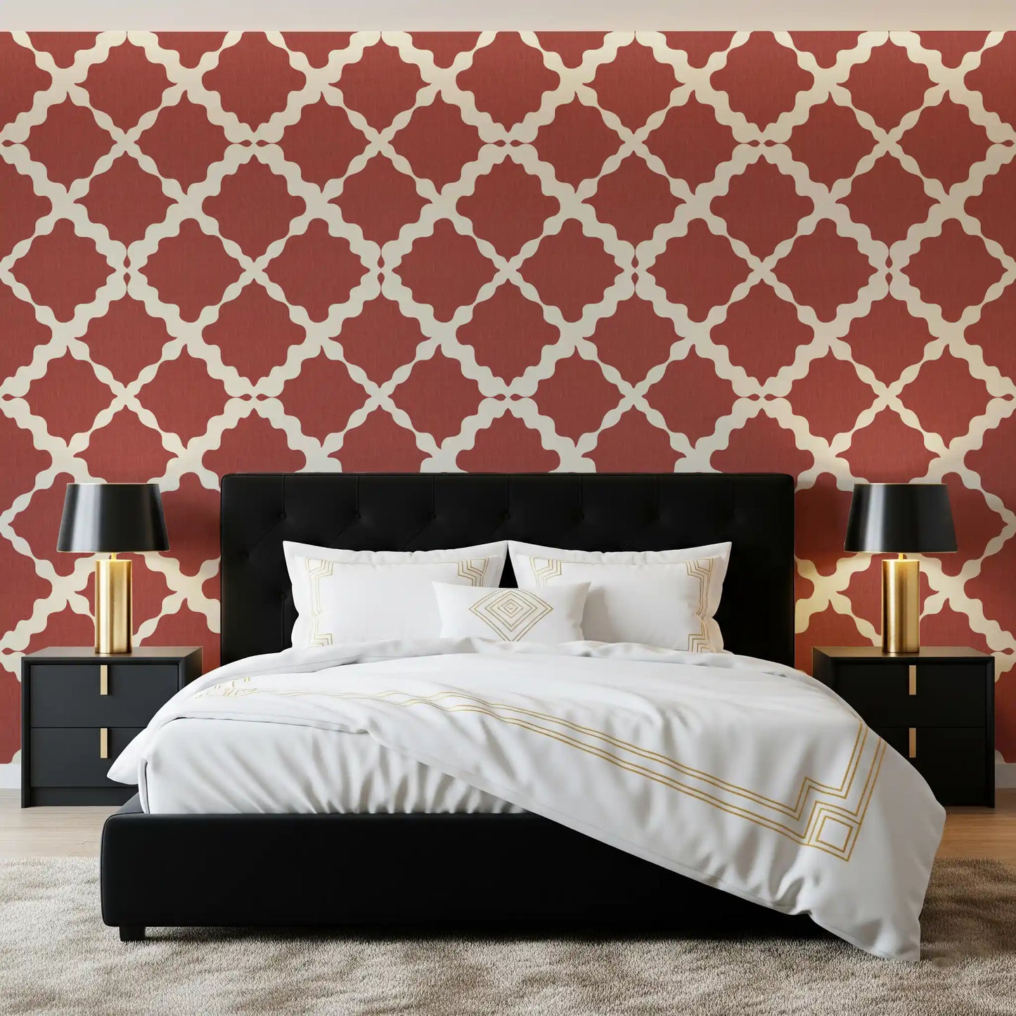 Oversized trellis motif wallpaper in deep rust red with cream interlocking arches.