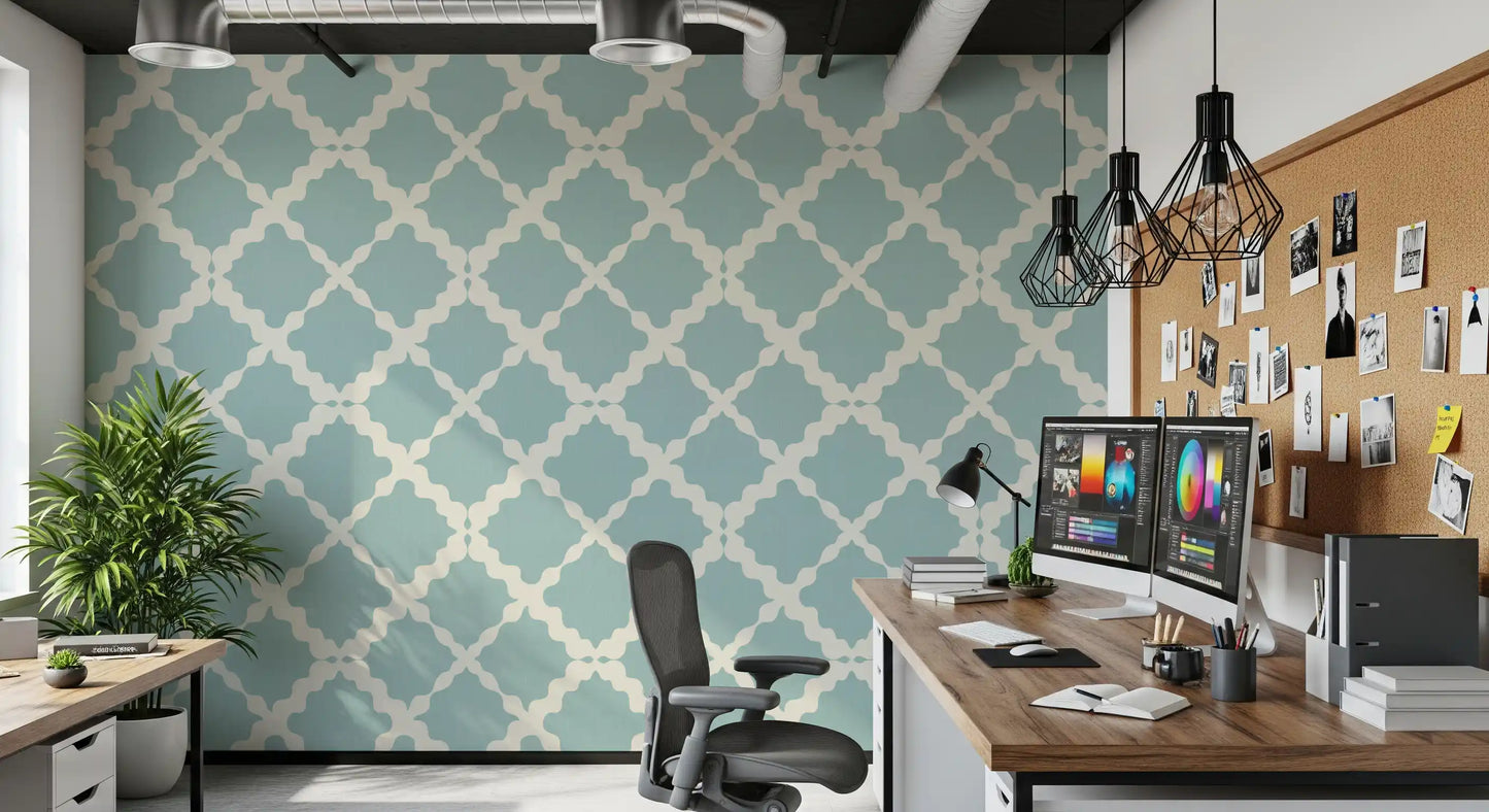 Muted teal and cream geometric trellis pattern on linen-look wallpaper for study room.