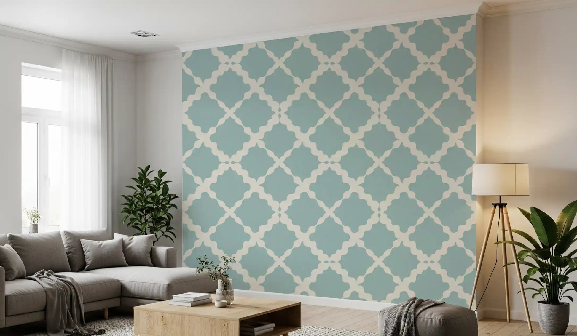Repeating lattice geometric wallpaper in muted blue with off-white curved motifs on fabric-look surface. 
