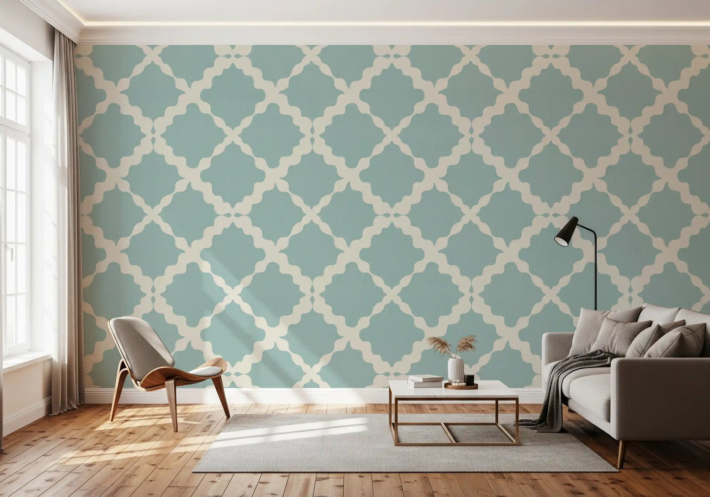 Off-white and teal blue interlocking geometric trellis wallpaper with linen-like background.