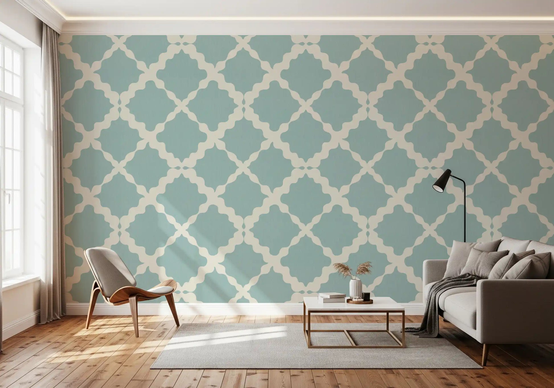 Off-white and teal blue interlocking geometric trellis wallpaper with linen-like background.