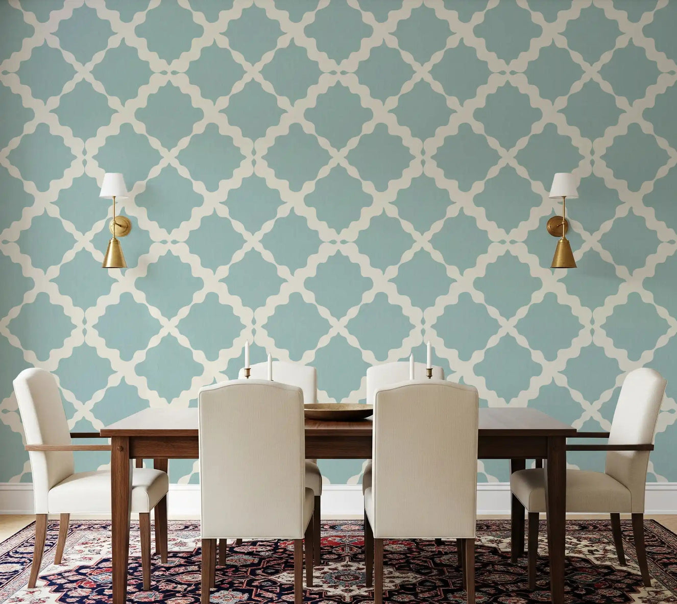 Muted blue trellis geometric wallpaper on dining room accent wall with cream lattice detail.