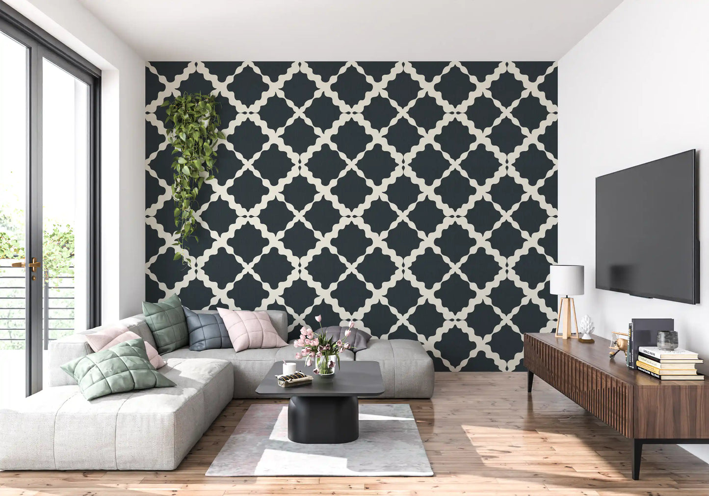Two-tone geometric lattice trellis wallpaper in charcoal and off-white for living room.