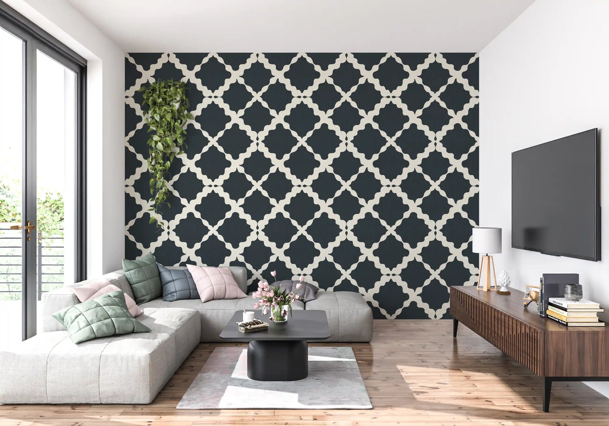Two-tone geometric lattice trellis wallpaper in charcoal and off-white for living room.
