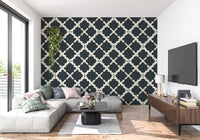 Two-tone geometric lattice trellis wallpaper in charcoal and off-white for living room.