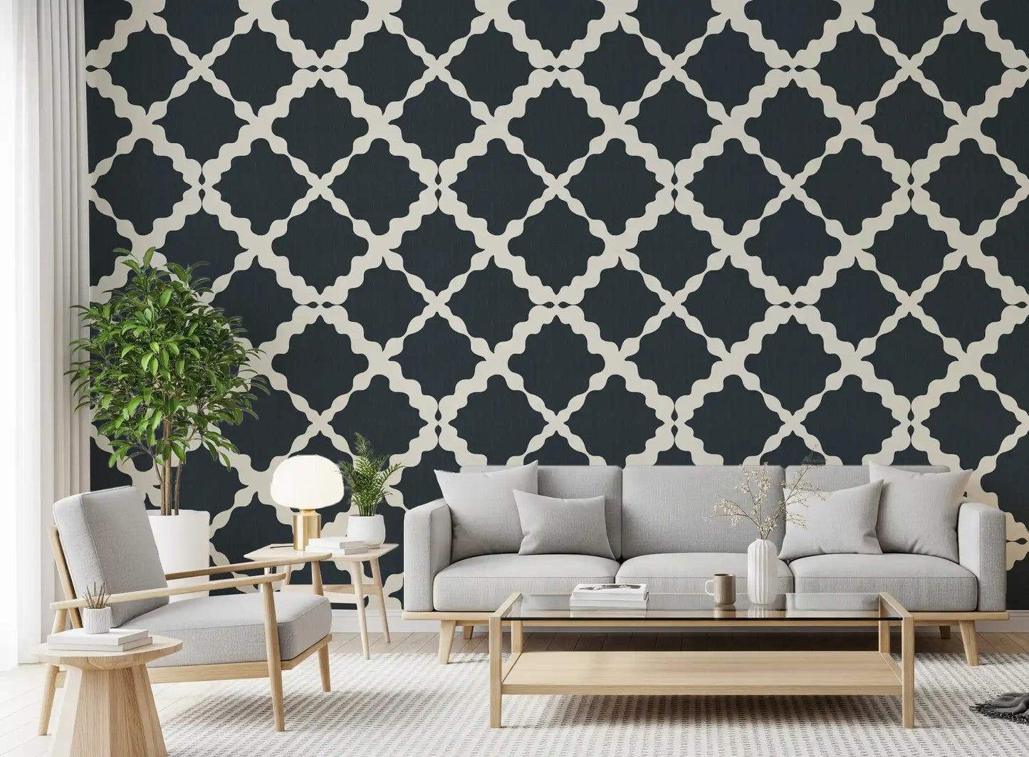 Charcoal cream Moroccan trellis lattice geometric wallpaper in living room.