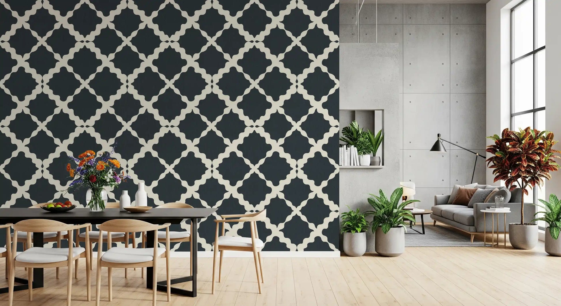 Geometric lattice wallpaper with dark charcoal and off-white trellis design.